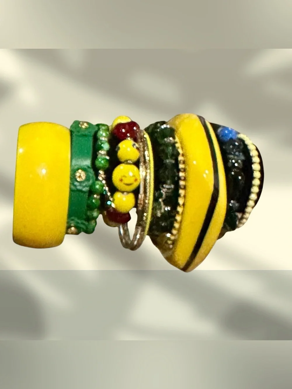 Boho Beaded Bracelet Stack Yellow Green Resin Wood Smiley Face Stretch Set - Picture 1 of 7